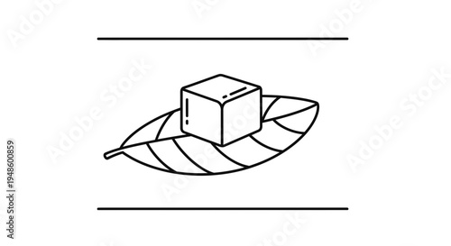 Minimalist Line Art: Ice Cube on Leaf, Refreshment Concept