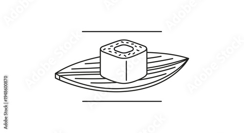 Minimalist line art icon of a sushi roll on a leaf-shaped plate