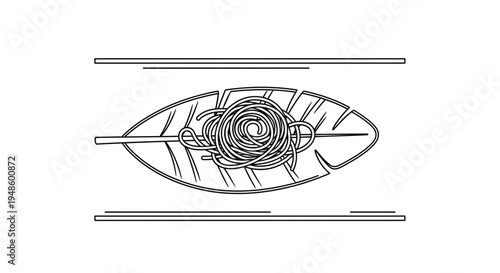 Minimalist Line Art Illustration of Spaghetti on a Leaf Plate with Chopsticks