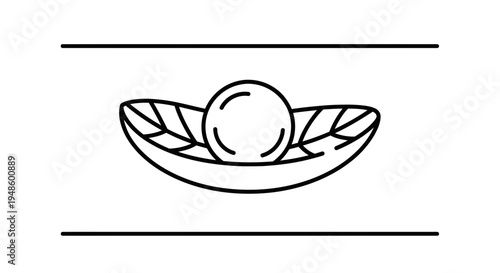 Minimalist line art of a pearl in a leaf-shaped bowl, representing luxury, nature, and simplicity.
