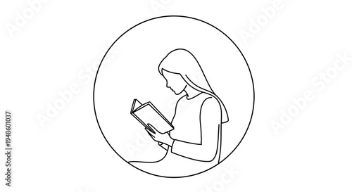 Line Art Woman Reading Book Inside Circle, Minimalist Illustration, Education Concept