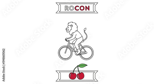 Lion riding bicycle with cherries and RO CON logo