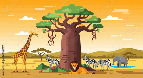 African Safari Animals Gathered Under Baobab Tree: Giraffe, Lion, Zebras, Elephant, Monkeys
