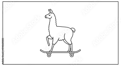 Llama Riding Skateboard Line Art