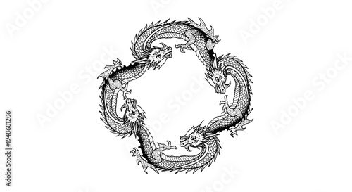 Four Chinese Dragons Circle Symbol, Ancient Mythical Creatures, Black and White Illustration