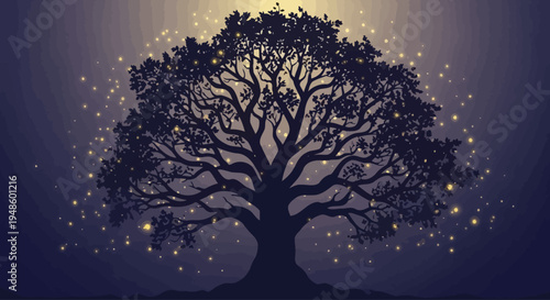 Magical Tree Silhouette with Glowing Particles and Golden Light