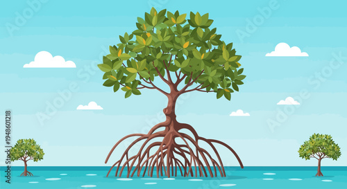 Mangrove Tree with Exposed Roots in Tropical Water, Ecosystem Illustration