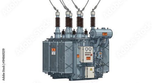 Industrial Power Transformer with Bushings and Control Panel on White Background