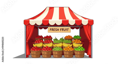 Fresh Fruit Stall at Market: Abundant Harvest of Apples, Bananas, and Oranges in Baskets