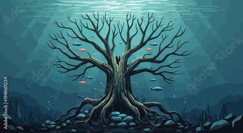 Mysterious underwater ancient tree with schooling fish, surreal deep sea scene