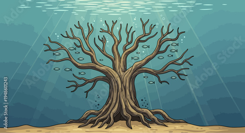 Mysterious Underwater Tree with Fish and Sunbeams