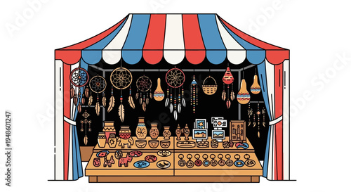 Native American Crafts Stall at Market: Dreamcatchers, Pottery, Jewelry, Souvenirs