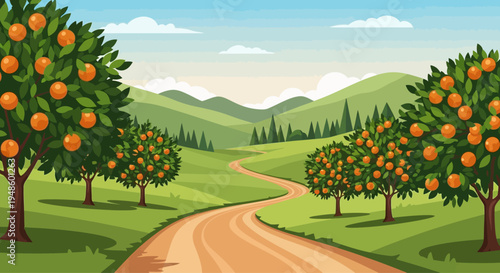 Orange Grove Landscape with Winding Road and Rolling Hills
