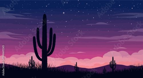 Pixel Art Desert Landscape at Sunset with Saguaro Cactus and Starry Sky