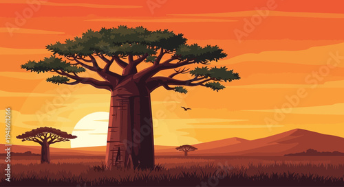 Pixel Art Baobab Tree at Sunset in African Savannah Landscape