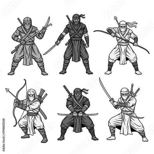 Ninja Warriors Collection: Pixel Art Characters with Swords, Bows, and Shurikens