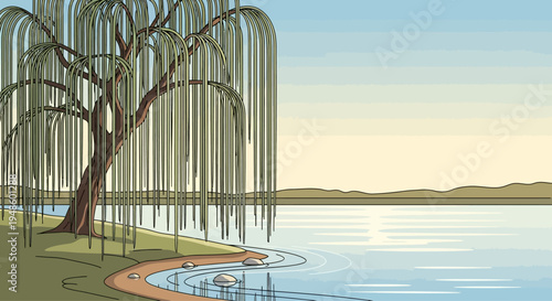 Serene Willow Tree by Calm Lake Shore, Peaceful Nature Landscape