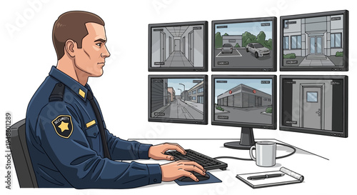 Security guard monitors surveillance cameras on multiple screens in a control room