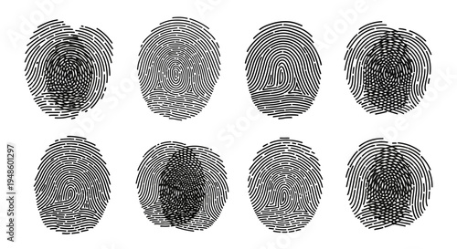 Set of 8 Black and White Fingerprint Icons on White Background - Forensic Identification Concept