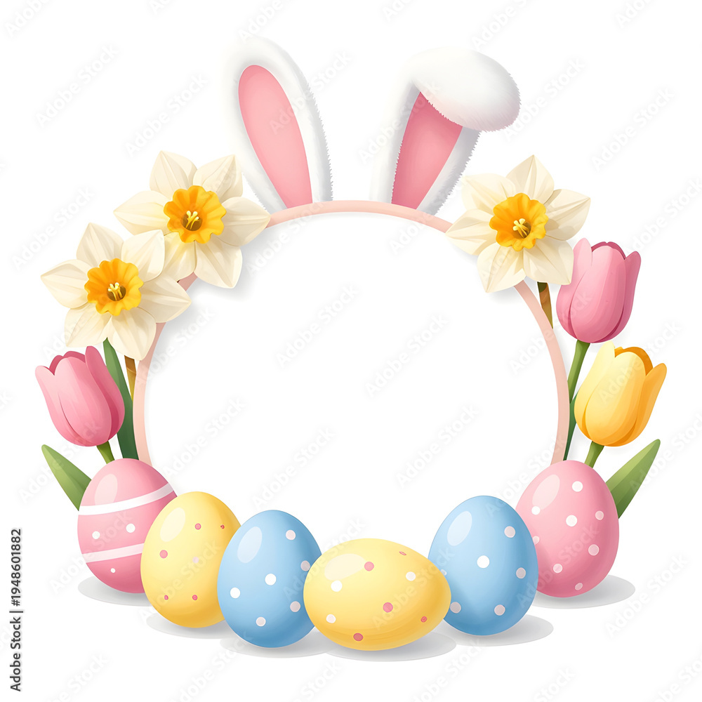 Obraz premium Decorative Easter frame with pastel eggs, flowers and bunny ears, isolated on white background, minimal vector style