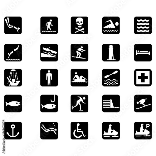 Water Safety and Swimming Activity Icons Set Lifeguard Beach Pool Warning Symbols Vector