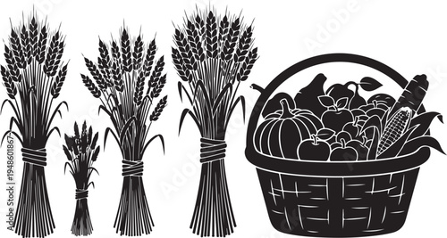 Harvest illustration with wheat bundles and fruit basket silhouette