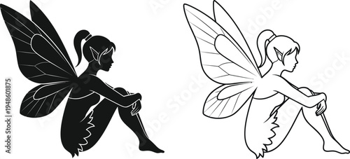 Sitting Fairy Silhouette and Line Art Vector Set Vector