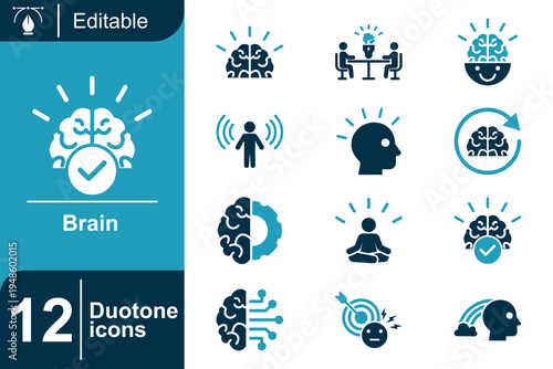 Brain icon set. Cognitive thinking process, mental health awareness, creativity concept, mindfulness meditation, psychology intelligence, neural system and more. Duotone vector icons collection.