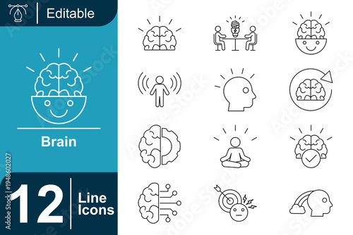 Brain icon set. Human intelligence concept, creative thinking, mental health awareness, cognitive process, mindfulness meditation, psychology idea, neural network and more. Line vector icons collectio