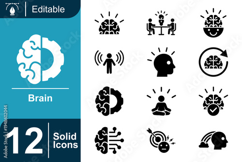 Brain icon set. Human intelligence concept, cognitive thinking system, creativity idea process, psychology awareness, mental health balance and more. Solid vector icons collection.