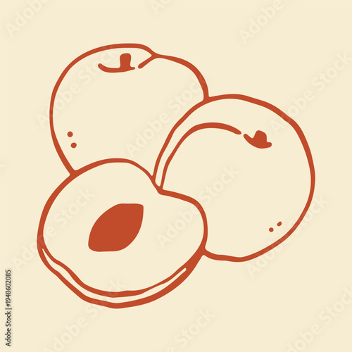 Minimalist vector illustration featuring whole plums and a sliced half with a pit. Versatile hand drawn fruit art perfect for jam packaging, healthy lifestyle content, and kitchen decor