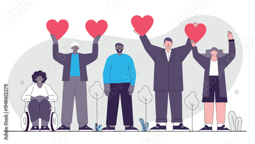 A diverse group of people and one person in a wheelchair raising their hands and holding large red hearts against a grey background.