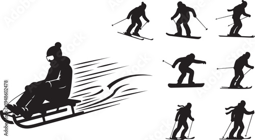 Winter Sports Silhouettes of Skiers and Sled Rider in Motion