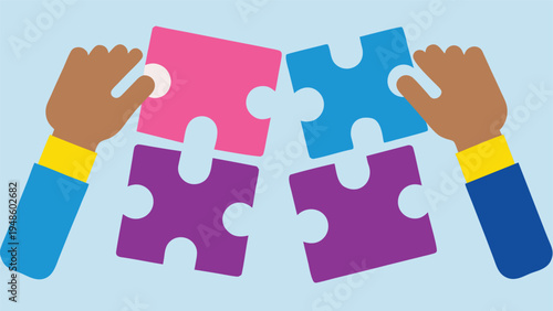 Two pairs of hands with different blue sleeves and yellow cuffs connecting four large colorful puzzle pieces on a light blue background.