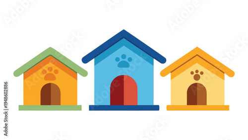 Three colorful flat vector dog houses with paw prints and arched doorways are arranged in a horizontal line against a white background.