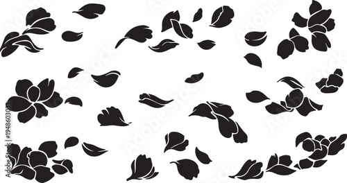 Black flowers and leaves on white background illustration design