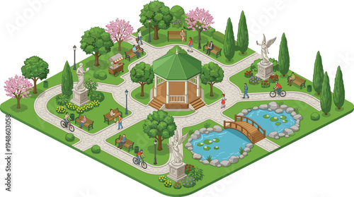 Isometric view of a vibrant city park with a central gazebo, people enjoying leisure activities, and lush greenery, creating a serene urban oasis