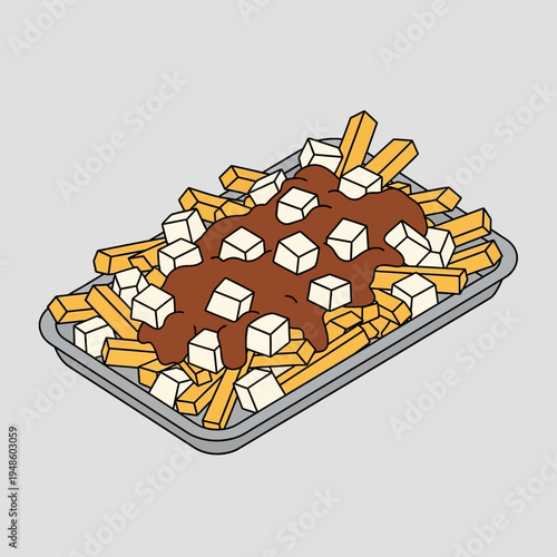 A detailed illustration of a serving of poutine, a Canadian dish with fries, cheese curds, and gravy.