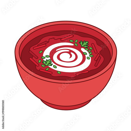 A vibrant illustration of a bowl of borscht soup with a swirl of cream.