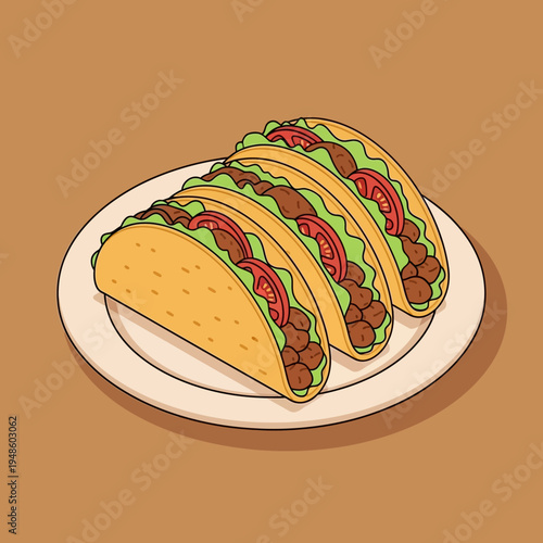 Three delicious tacos filled with meat, lettuce, and tomatoes, served on a white plate.