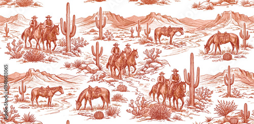 Classic toile seamless pattern of a Western desert. Features cowboys riding horses, majestic saguaro cacti, and rugged mountains, evoking adventure