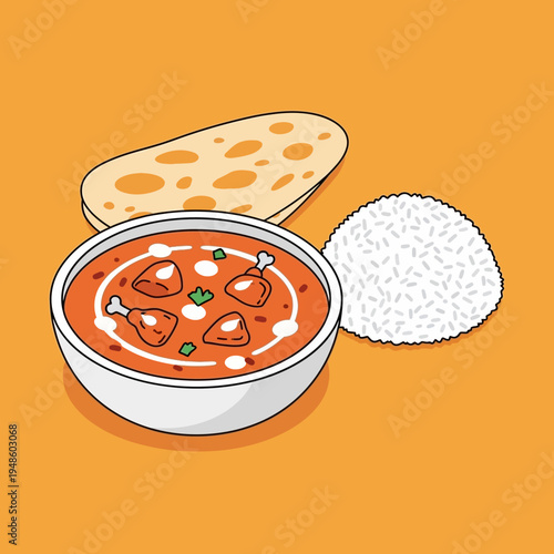 A vibrant illustration of Indian butter chicken served with naan and rice.