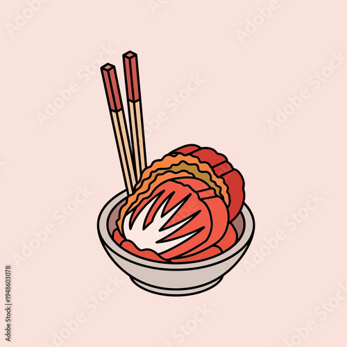 A detailed illustration of kimchi served in a bowl with chopsticks, ready to eat.