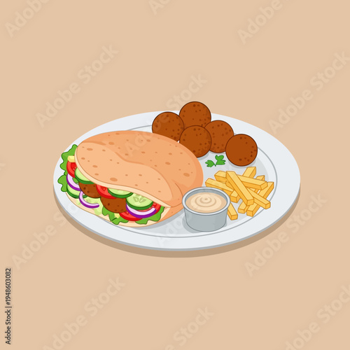 A colorful illustration of a falafel sandwich, fries, and falafel balls on a plate.
