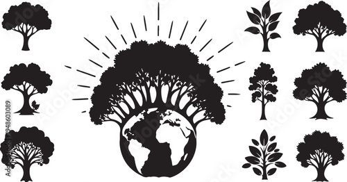 Earth surrounded by trees and sun rays in black