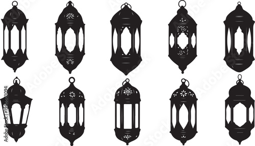 Collection of black lanterns in various traditional designs hanging