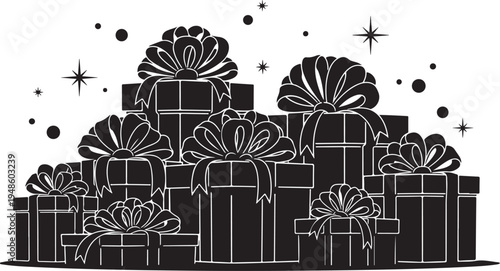 Black and white illustration of gifts with bows stacked