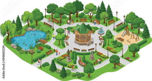 Isometric detailed illustration of a vibrant city park with a pond, playground, gazebo, and people enjoying leisure activities on a sunny day