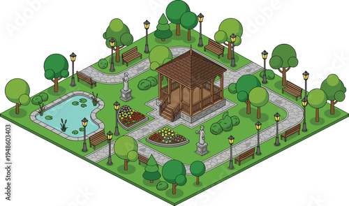 Isometric park scene with gazebo, pond, paths, benches, and trees. Vivid illustration for urban design, game assets, and architectural visualization projects