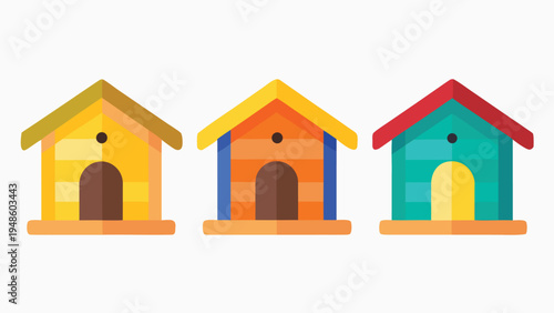 A collection of three colorful wooden dog houses featuring horizontal plank textures and various roof colors is illustrated in a flat graphic style.